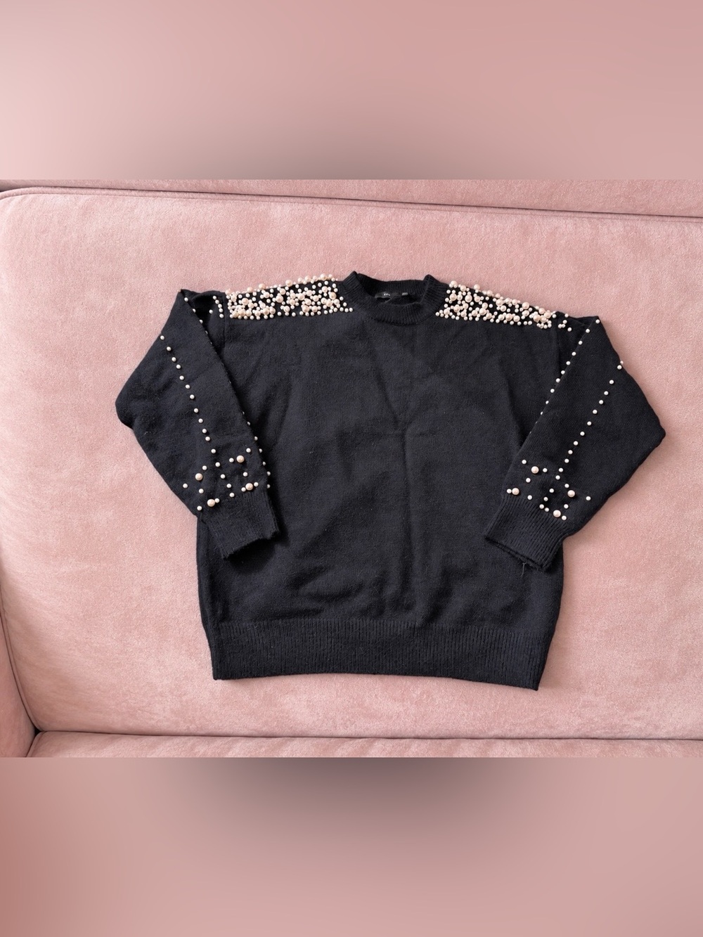 Fate Black Pearl-Embellished Shoulder & Sleeve Sweater